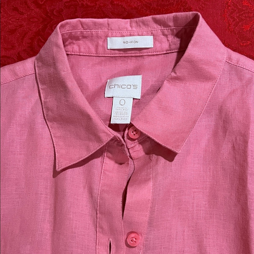 Linen No Iron Chicos Button Down Shirt Women's Size 0 Pink Long Sleeve